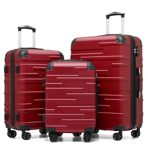 COOLIFE Hard Shell Suitcase with TSA Lock and 4 Spinner Wheels Lightweight Durable (Spinel red, 3 Pcs Set)