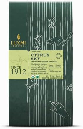 Luxmi Estates Citrus Sky Lemongrass Ginger Green Tea 25 Tea Bags (50g) Pack | Certified Organic Darjeeling Green Tea | Citrus Flavor & Aroma | Natural Lemon Balm Tea - Calming, Supports Digestion | Lemon Grass Leaves