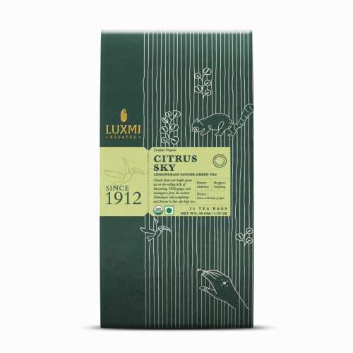 Luxmi Estates Citrus Sky Lemongrass Ginger Green Tea 25 Tea Bags (50G) Pack | Certified Organic Darjeeling Green Tea | Citrus Flavor & Aroma | Natural Lemon Balm Tea - Calming, Supports Digestion | Lemon Grass Leaves #TOP12
