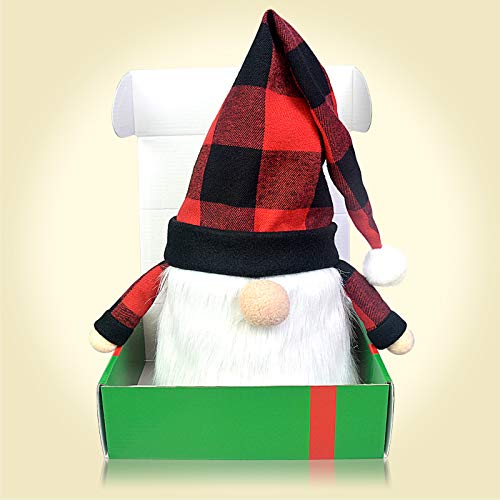 Hongsome Gnome Christmas Tree Topper Plaid Hat,23.6Inch Large Buffalo Check Xmas Santa Scandinavian Gnomes Plush Swedish Tomte Decoration,Christmas Tree Toppers For Holiday Home Décor Toy Red&Black #TOP5