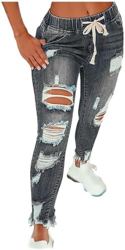 Generico Baggy Jeans Donna - Pantaloni Da Donna In Jeans Strappati Con Vita Lucida Lavata E Alla Moda Pantaloni Elastico Caviglia 128808784