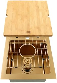 LQS Brushed Gold Finish Kitchen Sink, Small Gold Bar Sink 16” x 18” with Cutting Board, 16 Gauge Stainless Steel Golden Kitchen Sink, 10” Depth For Daily Use, RV Bathroom Sink For Outdoor and Prep Use