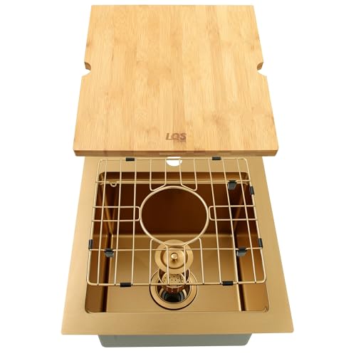 LQS Brushed Gold Finish Kitchen Sink, Small Gold Drop In Bar Sink 16” x 18” with Cutting Board, 16 Gauge Stainless Steel Golden Kitchen Sink, 10” Depth For Daily Use, Outdoor and Prep Use