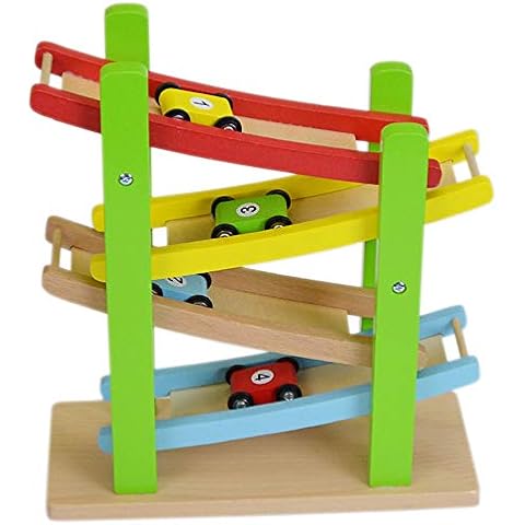 jumini Wooden Car Ramp Racer Toy - Fun Click Clack Track Toy for Children Babies 18m+ - With Four Wooden Numbered Racing Cars - Educational game - Bright Colours Cover