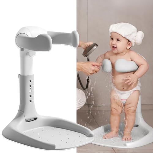 Image of Baby Shower Stand with Adjustable Support - Eases Parent Strain, Prevents Water in Ears, Ensures Thorough Cleaning and Promotes Standing Confidence for Babies 8+ Months (Foldable)