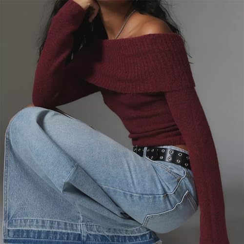Image of Women Off The Shoulder Sweater Y2k Long Sleeve Boat Neck Knit Cropped Pullover Tops Fall Trendy Going Out Streetwear