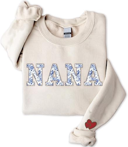NAZENTI Embroidered Nana Chinoiserie Floral Applique Sweatshirt Mothers Day Sweatshirt Gifts for Mom Grandma on Christmas Embroidery Crewneck Mommy for Women Sweater Size S
