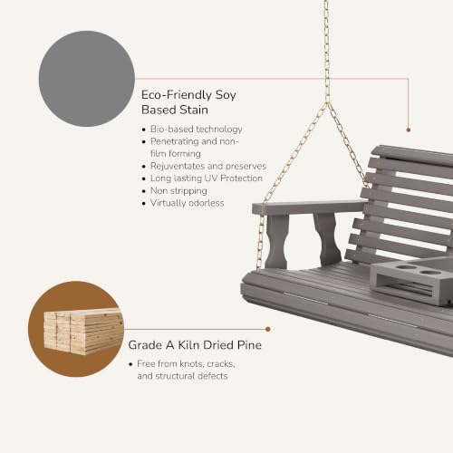 Image of Porchgate Amish Heavy Duty Console Porch Swing with Fold Down Cup Holders in Semi Solid Grey Stain - Amish Made in The USA from Treated Pine, Hanging Chains Included