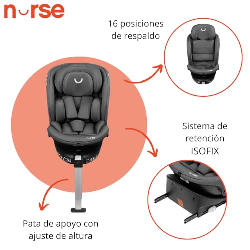 Miniatura 5 de Nurse Titane Silla de Coche i-Size 40–150 cm, 360º, ISOFIX y Pata de Apoyo, A Contramarcha y Cara Marcha, Protección Lateral, Gris