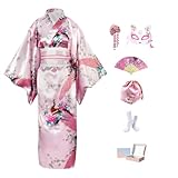 KRUIHAN Kit Kimono Japonés Mujer Caja Regalo–Disfraz Geisha Yukata Satinada Pavo Real Rosa,Obi,Abanico,Máscara Kitsune,Bolsa Cordón–Traje Cosplay y Carnaval