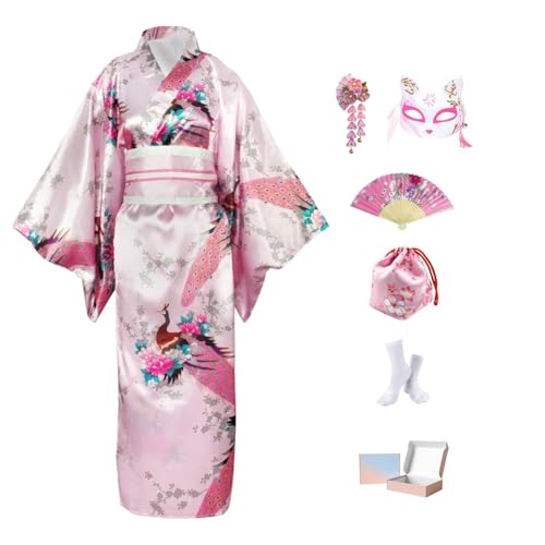 KRUIHAN Kimono Damen Japanisch Yukata Satin Geisha Kostüm mit Obi und Schleife,Japanische Kleidung Damen für Fotografie Bühne Party mit Zubehör in Geschenkbox,Pfauenmuster,Rosa
