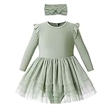 O2 BABY Organic Cotton Baby Girl Long Sleeve Ruffle Romper Tulle Dress Jumpsuit with Headband Outfit Set(12-18 Months, Sage)