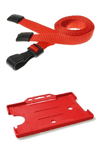 Identity-Plus: Red Neck Lanyard (Plastic J Clip, Safety Breakaway) with Red Single Sided Landscape ID Card Holder (100)