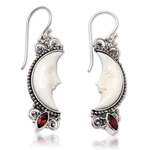 NOVICA Artisan Handcrafted Garnet and Bone Dangle Earrings - Sterling Silver Crescent Moon With French Wire