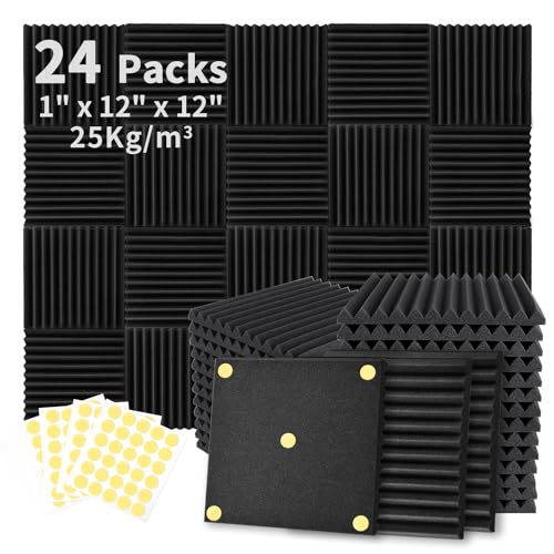 Photo 1 of 24 Pack Acoustic Foam Panels 1" x 12" x 12" Sound Proof Foam Panles Soundproofing Noise Cancelling Wedge Panels for Home Office Recoding Studio with 240PCS Double-Side Adhesive