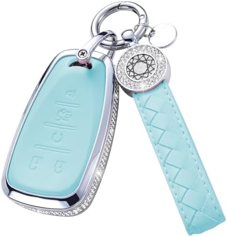 for Chevy Chevrolet Key Fob Cover with Keychain, Blue Leather Rhinestone Key Case Protection Shell Fit for Equinox Malibu Cruze Camaro Tahoe Silverado Traverse Blazer Sonic, 5 Buttons