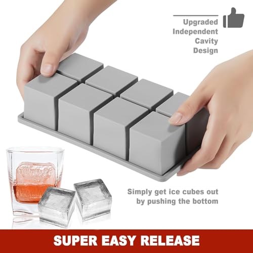 Image of Large Ice Cube Tray for Whiskey: Silicone Ice Cube Trays with Lid - 2Pack Big Square Old Fashioned Ice Cube Maker for Cocktail - 2inch Huge Cubed Ice Trays for Whisky (Grey-8 Grid)
