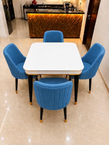 Image of WOODEN SPACE 4 Seater Wooden Dining Table Set | Urban Marble Top Dining Table with Chairs for Dining Room & Kitchen (Modern Infinity Backline Blue) (42 x 42 x 30 inch)
