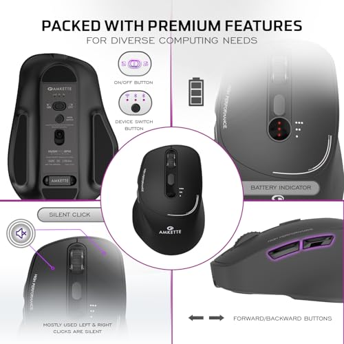 Image of Amkette Hush Pro Epic Rechargeable Wireless Mouse /Bluetooth Mouse | 3 Device Connectivity (2xBT&2.4G)| 2400 DPI |Silent Switches| Premium Ergonomic Design Type C Charging | Black