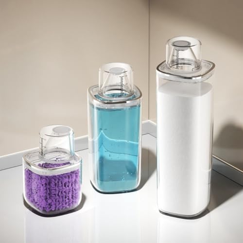 Bote de detergente sellado transparente con marcas graduadas y diseño de reflujo, fabricado con PET para un almacenamiento seguro y dispensación de lejía y suavizantes de tela (0,6 L)
