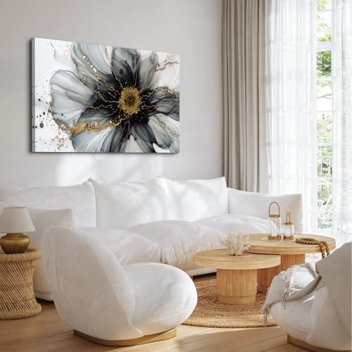 Image of AREBOLO Large Black and White Abstract Wall Art for Bedroom Above Bed Picture, Marble Flower Wall Decor Watercolor Fluid Glitter Texture Ink Prints Painting Poster Modern Artwork Decorations 32x48 inch