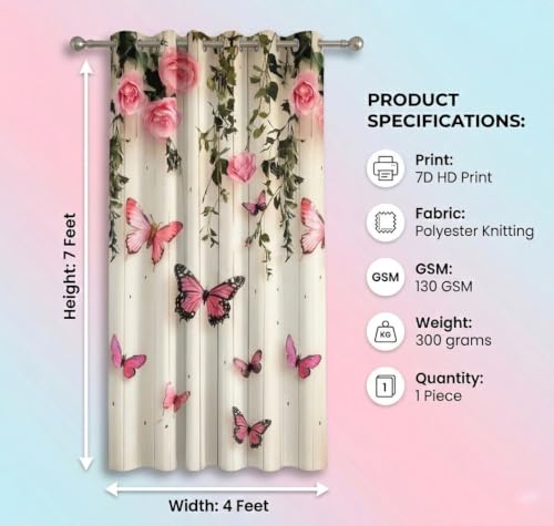 Image of Digital Printed Curtain with Pink Rose and Butterfly Design, 7 Feet, Grommet Top, White (2, Pink Butterfly, 7 Feet)