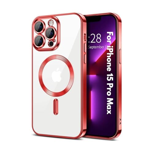 Image of TPU Designed for iPhone 15 Pro Max Luxury Electroplating Case [Magnetic MagSafe] [Integrated Lens Protection] Back Cover Case for iPhone 15 Pro Max (Red)