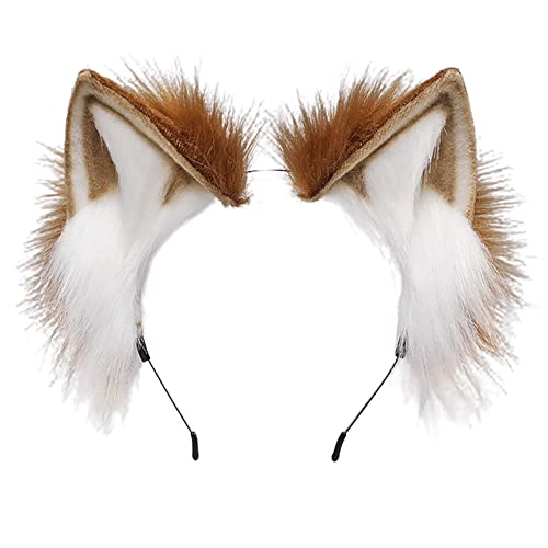 ZFKJERS Furry Fox Wolf Cat Ears Headband Adult Cosplay Costume Hair Accessory for Halloween (Khaki White)