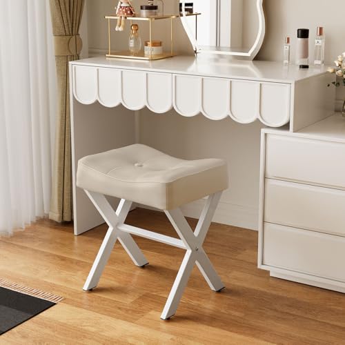 Image of Memobarco 18-Inch Leather Vanity Stool Chair, Vanity Bench with Metal X-Leg, Ottoman Accent Stool with Thick Padded Saddle Seat, Beige