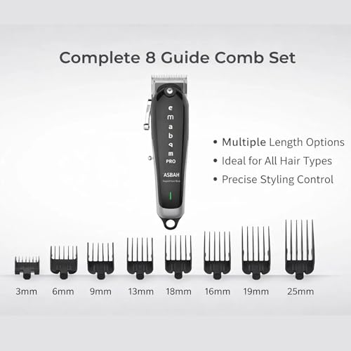 Image of ASBAH Professional Emeba III Fine Pro Hair Clipper- High-Efficiency Precision Blades, Adjustable Taper Lever, 8 Guide Combs,Digital Display,Lithium-Ion Battery - Barber & Salon Grooming Tool