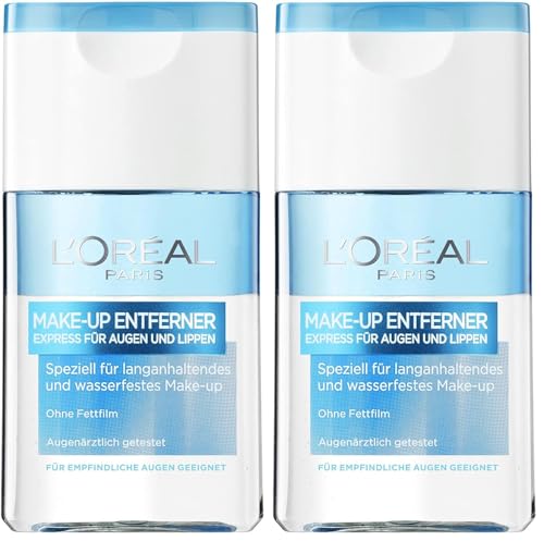 L'Oréal Paris Make-Up Entferner, Gesichtsreinigung speziell für langanhaltendes und wasserfestes Augen- und Lippen Make-up, Für empfindliche Augen geeignet, 1 x 125ml (Packung mit 2)