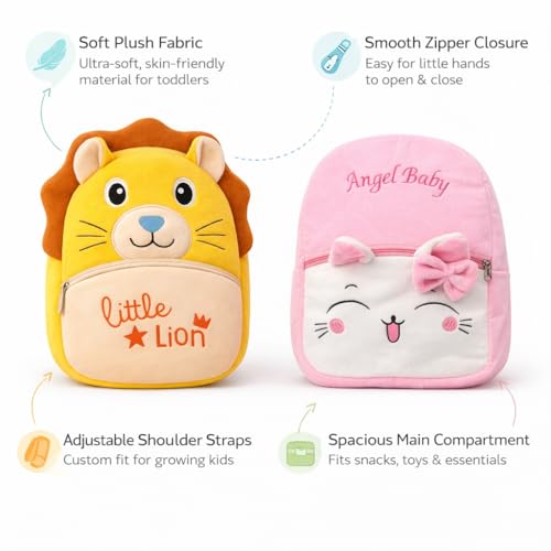 Image of Cartoon Plush Kids School Bag 2-6 Years | Soft Toy Backpack for Boys & Girls | Toddler Nursery Preschool Bag | Lightweight Adjustable Straps