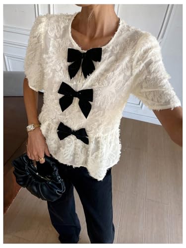 WDIRARA Women's Bow Peplum Top Ruffle Hem Chiffon Blouse Textured Short Sleeve Babydoll Tops4
