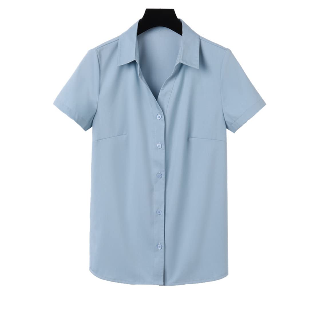 Oficina señoras Trabajo Formal Camisa Mujer Manga Corta Verano Cuello en V Slim Negocios Formal Gasa Blusas Blue XL