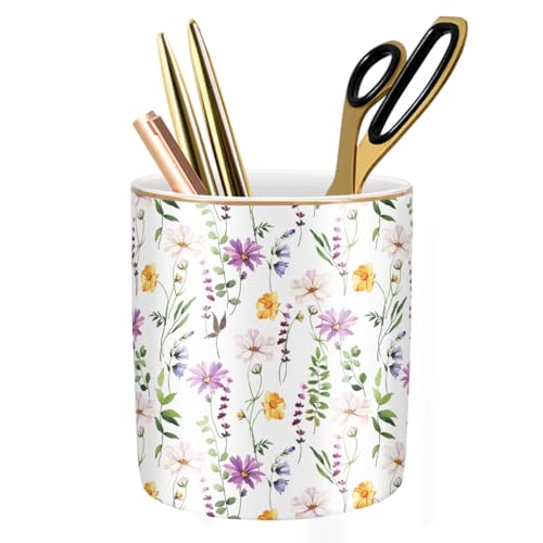 WAVEYU Large Capacity FLoral Pen Holder for Desk, Ceramic Pencil Holder Pen Cup Marker Holder Makeup Brush Holder, Desk Accessories & Workspace Organizers for Home, Office, Colored