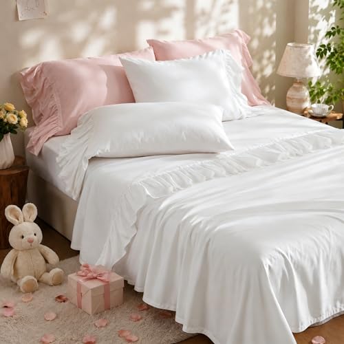 Simple&Opulence 100% Organic Cotton Sheet Set, Long Ruffle Bed Sheets (1 Flat Sheet, 1 Fitted Sheet and 2 Pillowcases) Elegant Shabby Chic Bedding Farmhouse Charming Vintage - White, Queen