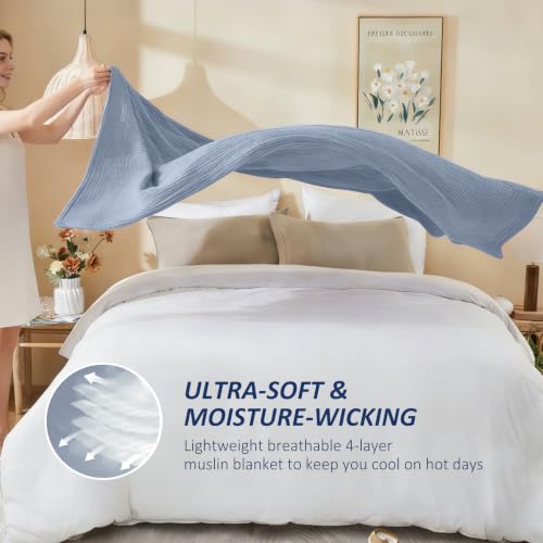 Image of EMME Muslin Cotton Blanket Adults Heather Dusty Blue Queen 90 inchx90 inch