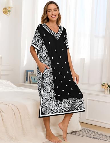 Bloggerlove Women Nightgowns Long Caftan V-Neck Short Sleeve House Dress Cotton Sleepwear with Pockets3