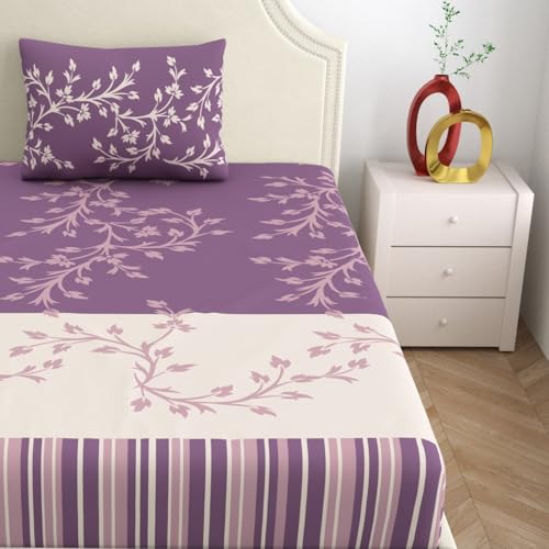 Image of Dreamscape 100% Cotton Single Bedsheet for Single Bed, 140TC, 1 Bed Sheet (Size 59 x 87 inches) with 1 Pillow Cover, Purple