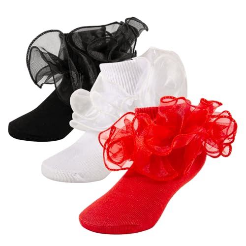 3 Pairs Girls Black Ruffle Socks - Turn Cuff Lace Big Double Ruffle Princess Dress Cotton Ankle Socks