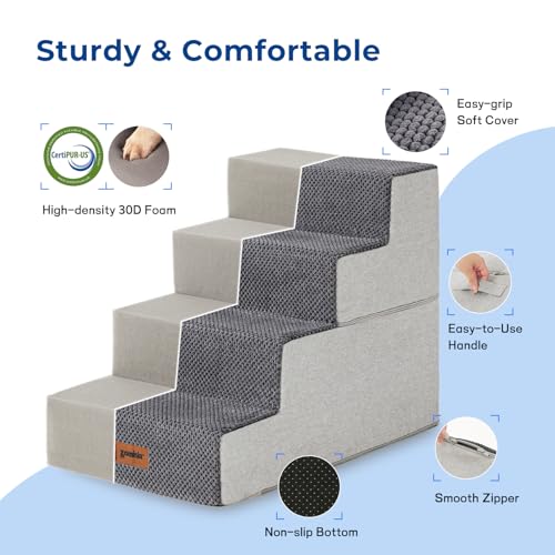 Dog Stairs for Small Dogs - Pet Stairs 2 in 1 with Zippers Suitable for Couch and Bed, 35D Foam Dog Steps with Non Slip Bottom Grey 4 Steps, Grey - Image 4