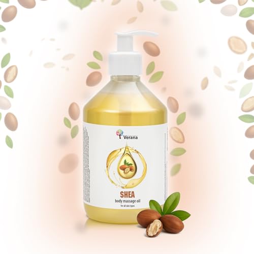 Verana Aceite de Masaje de Кarité (Shea) para Cuerpo, Rostro y Cabello, Natural Neutro, Deslizamiento y Absorción ideales Relajante, Anticelulítico, Estimula la producción de Colágeno (500ml)
