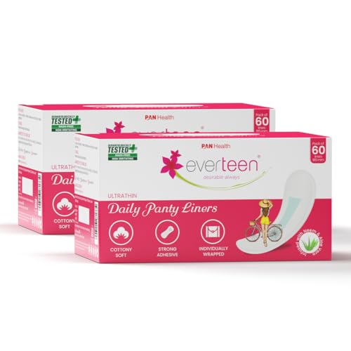 Image of everteen Panty Liners for Women, (60x2) Liners 185mm with Aloe Vera & Neem, Less than 1mm Ultra thin Cottony Soft Pantyliners, Prevents White Discharge & Rashes, Pack of 2