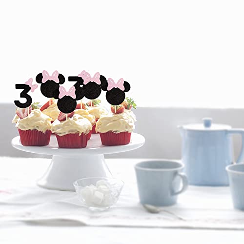 24 Pack 3Rd Birthday Party Cupcake Toppers Number 3 Mini Mouse Inspired Cake Picks Decorations For Baby Shower Mini Theme Kids Third Birthday Party Supplies Black Pink #TOP3