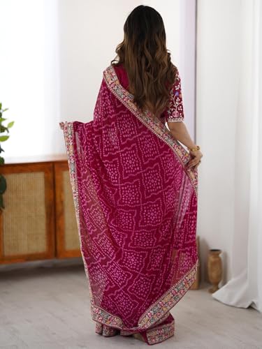 Image of Satrani Women's Georgette Bandhani Printed Sequin Embroidery Saree with Unstitched Blouse Piece