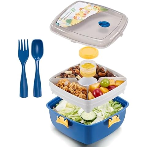 MISS BIG® All-in-One Salad Container for Lunch Box Salad Bento Box 52 oz Salad Container to Go BPA-Free Adult Lunch Decompression Valve for Women Kids Dishwasher Microwave Safe(Blue) Cover