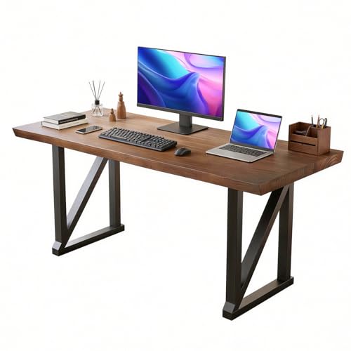 Solid Wood and Metal Modern Industrial 56 inch Wide Home Office Desk, Writing Table, Workstation, Perfect Table for Your workspace Study Table Furniture in Rustic Natural Aged Brown