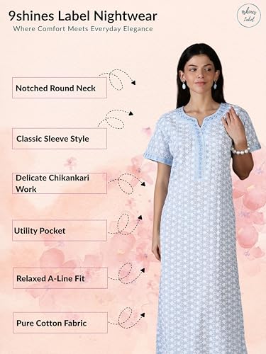 Image of 9shines Label Stylish Chikankari Cotton Nighty Maxi for Women | Full Length Nightgown | Nightdress with Pocket | Embroidery Nighty | Soft Comfortable Cotton Nightwear (1545)