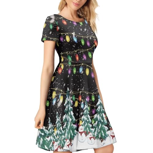 Image of POLERO Women Puffy Swing Elegant Party Midi Dresses Short Sleeve Round Neck A-Line Dress
