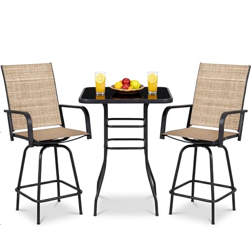 Greesum 3-Piece Patio Bar Set, High Top Table & 2 Swivel Bar Stools with Textilene Fabric, Outdoor Bistro Furniture for Balcony, Backyard, Poolside (Brown)
